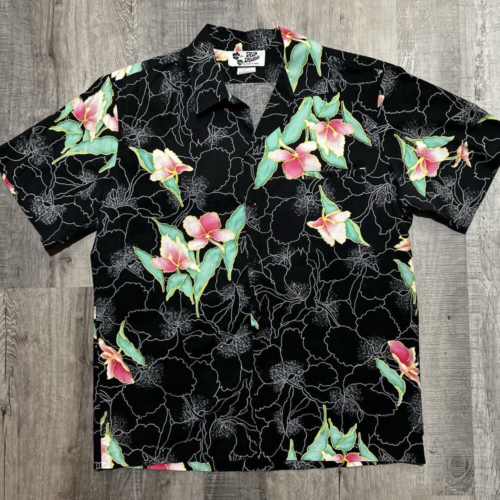 VTG Hilo Hattie Hawaiian Aloha Shirt Black Floral Beach Button Cotton Mens Sz XL